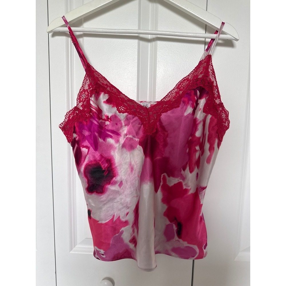 Linea Donatella Top Lace Trim Sz L Pink Abstract Flowers Satin Feminine Coquette